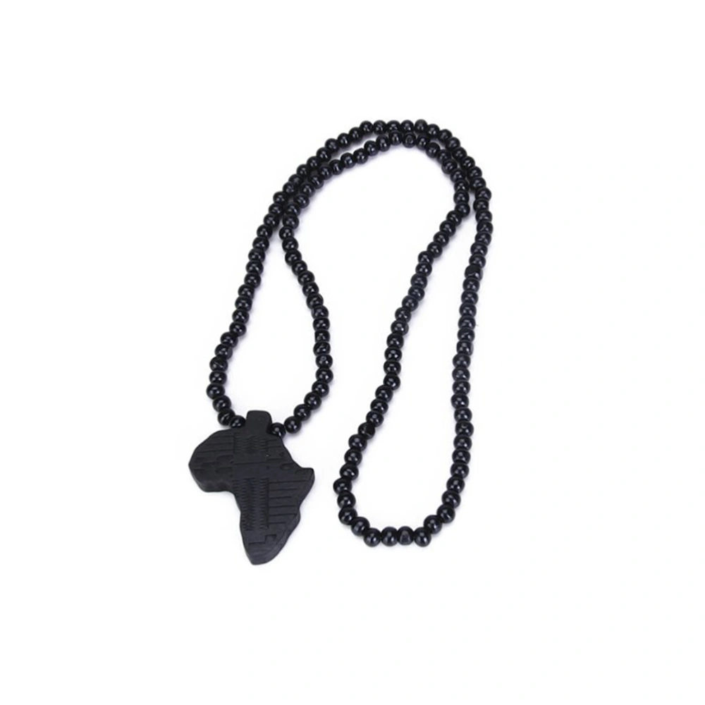 African Tribal Style Wooden Pendant Bead Chain Necklace (Black)