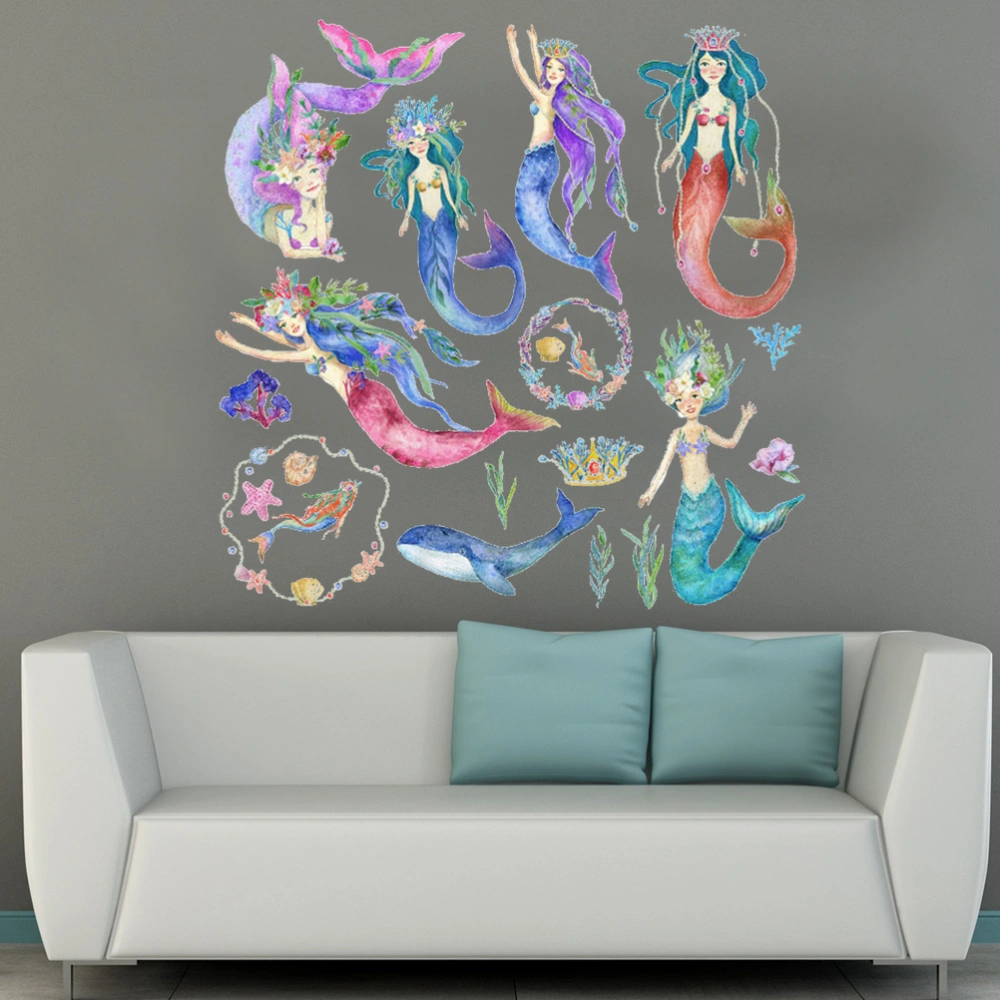 Cartoon Mermaid Wall Stickers Children Room Layout Reflective Free Collage Sticker Home Decoration Kids Room Wallpaper Mural Art Poster