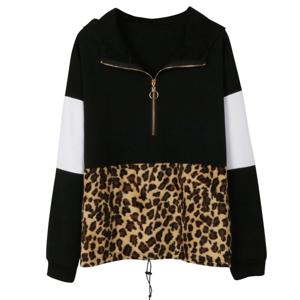 Autumn and Winter Leopard Hoodie Color Block Pullover Loose Fashion for Women Girls Size L (Black)