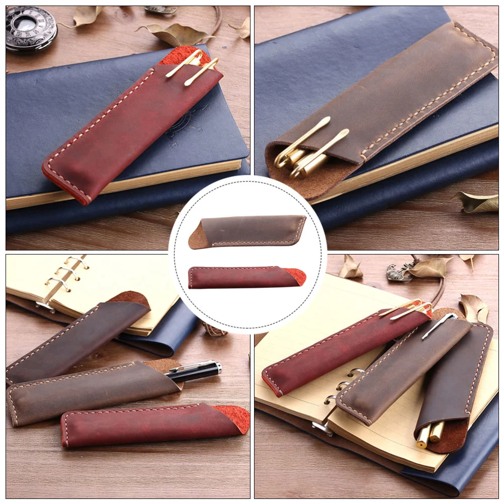 2PCS Vintage Pen Cases Hand-made Cowhide Pen Cases Ballpoint Pen Cases