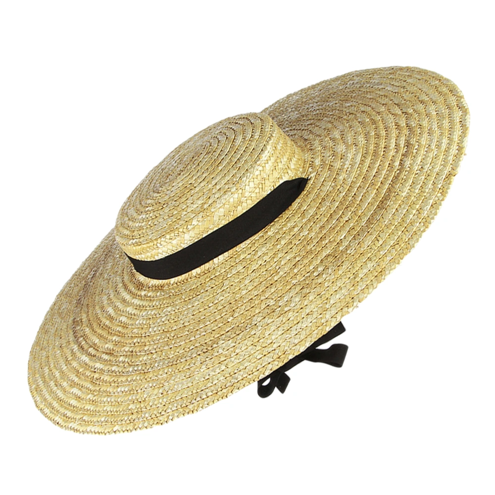 Wheat Straw Woven Hat Beach Hat Sun Protection Hat Flat Large Eave Strap for Travel (Assorted Color)