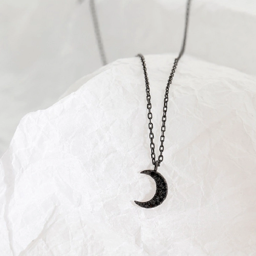 Moon Necklace Silver Short Simple Beautiful Decorative Metal Necklace for Woman (Black)