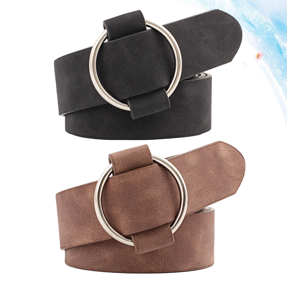 2Pcs Round Pin Buckle Belt Women No Needle PU Leather Wide Belt Solid Waistband Strap Belt Girdle (Black Coffee)