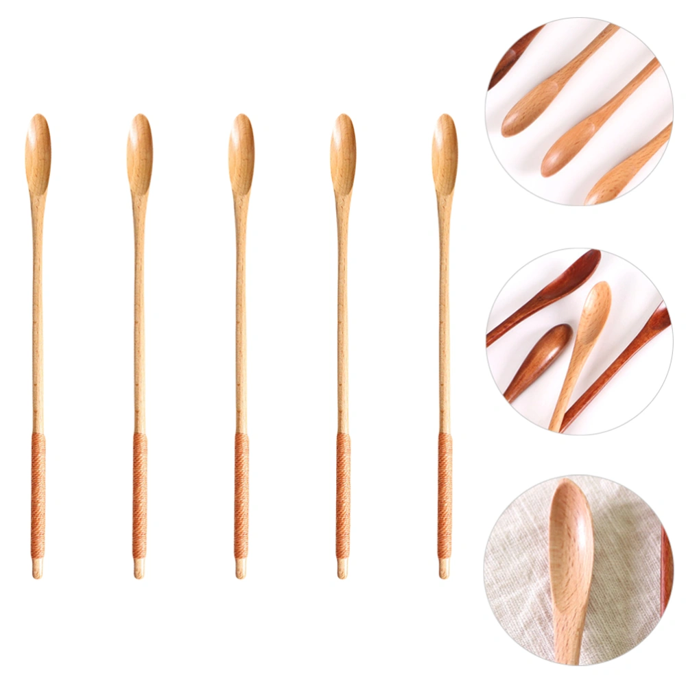 5pcs Wooden Stirring Spoons Honey Mixing Spoon Long Handle Drink Stirring Spoon