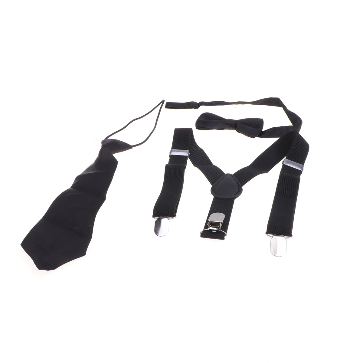 3pcs in 1 Set Black Tie Suspenders Necktie Set Solid Color Elastic Belt Strap Braces Clip Buckle Suspenders for Children Kids