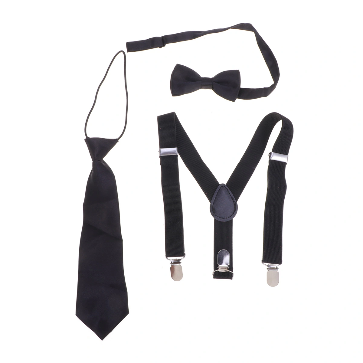 3pcs in 1 Set Black Tie Suspenders Necktie Set Solid Color Elastic Belt Strap Braces Clip Buckle Suspenders for Children Kids