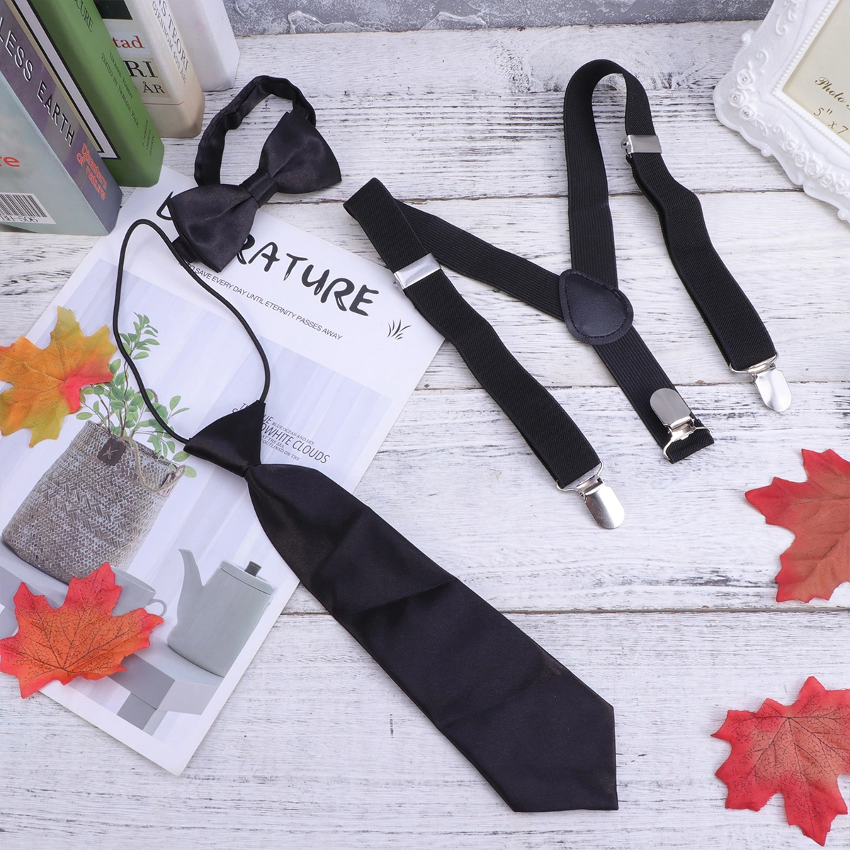 3pcs in 1 Set Black Tie Suspenders Necktie Set Solid Color Elastic Belt Strap Braces Clip Buckle Suspenders for Children Kids
