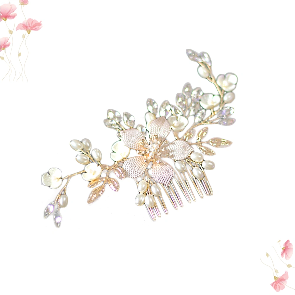 Bridal Hair Comb Simulation Oval Rhinestone Pearls and Flower Alloy Headpiece Hair Accessories for Women Ladies Wedding (Golden)