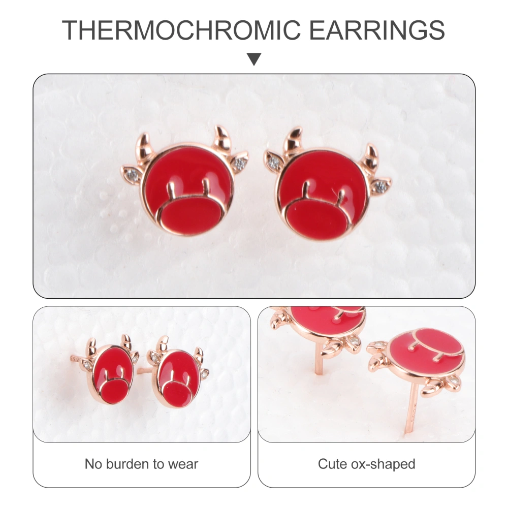 1 Pair Ox Year Ear Studs Cow Shape Earrings Thermochromic Earbob (Red)