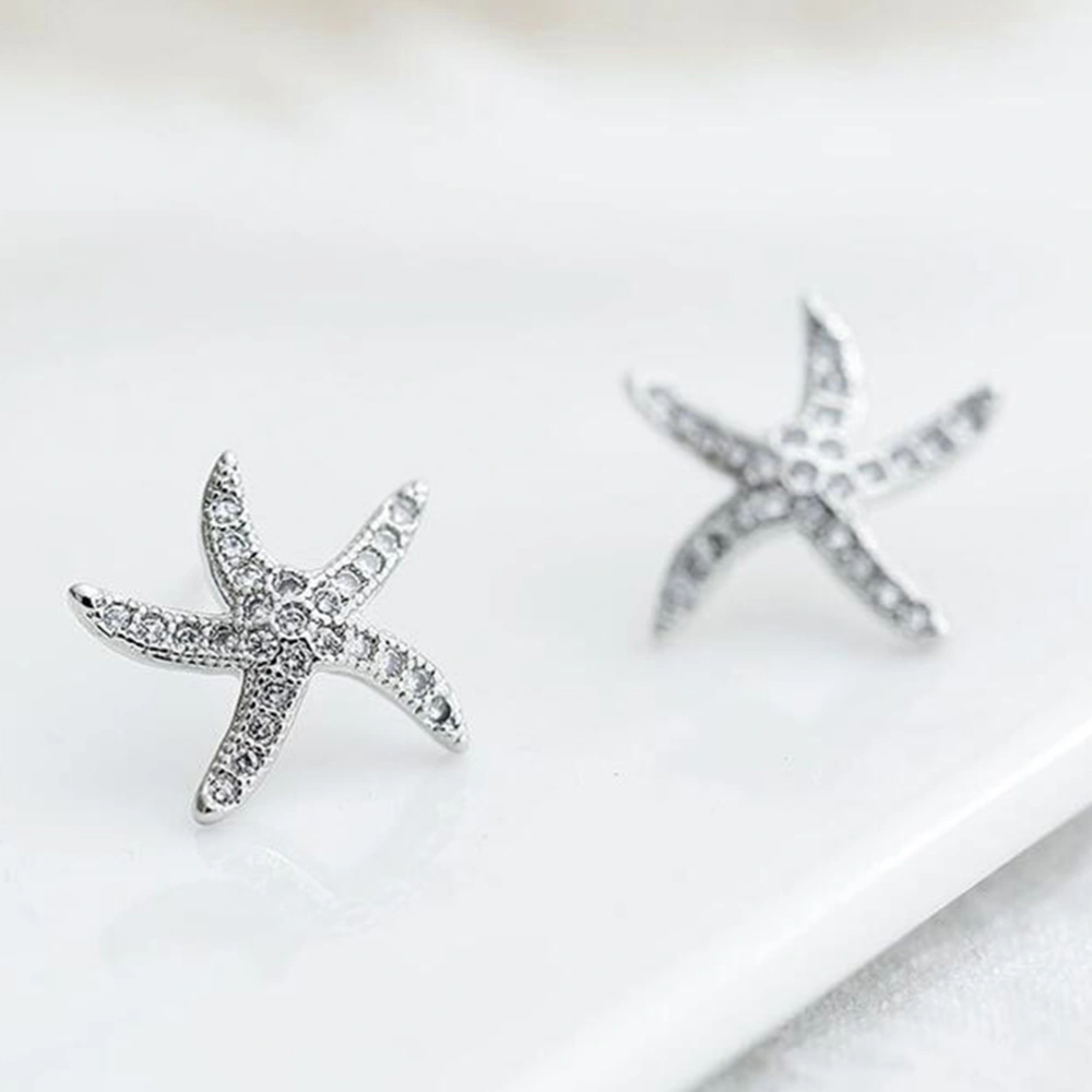 Sea Star Ear Studs Fashion Crystal Earrings Jewelry Accessories for Women Grils (E1808 Silver)