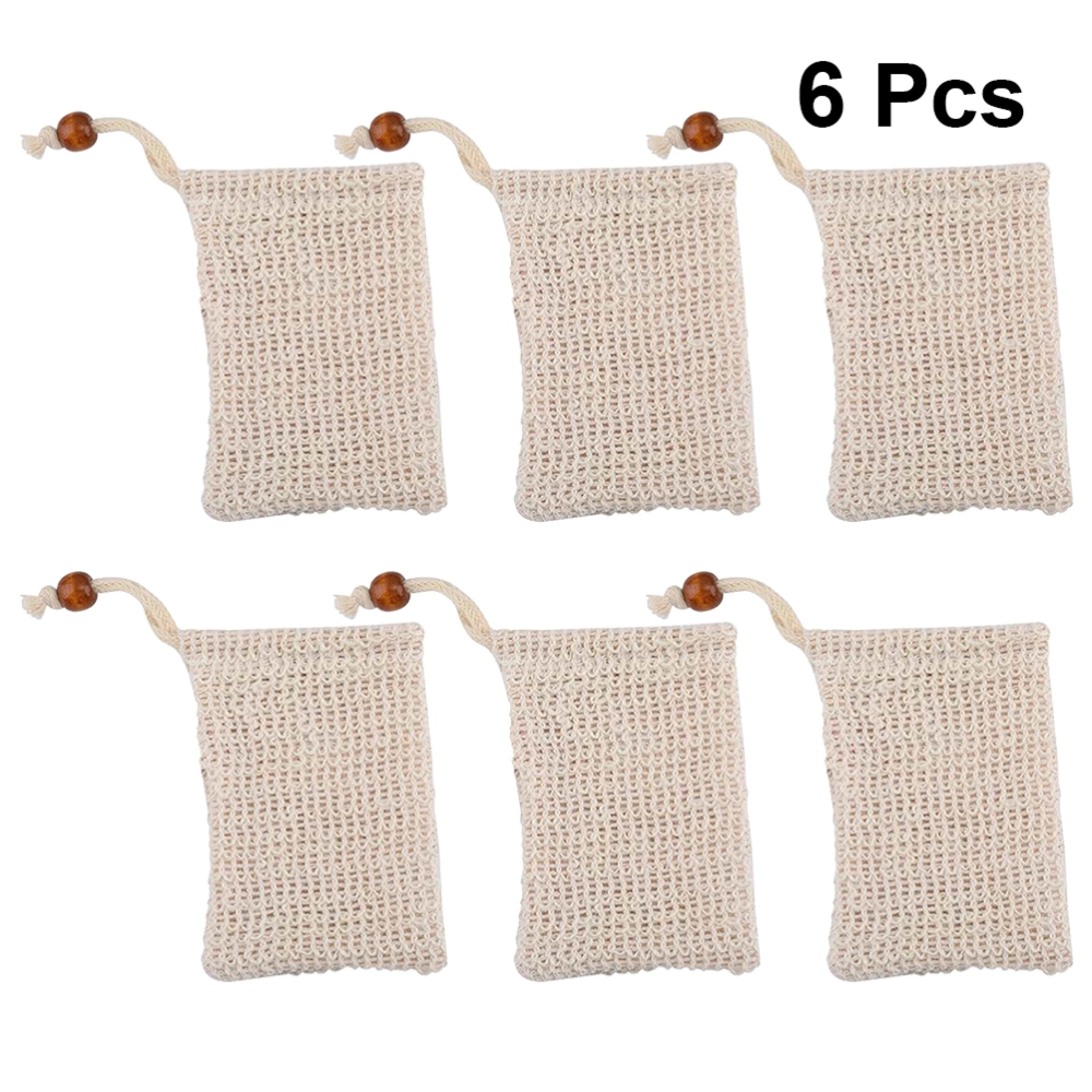 6pcs Exfoliating Soap Pouch Scrubbing Net with Wooden Bead Handmade Soap Storage Bags for Bath Shower