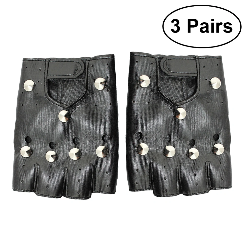 3 Pairs Rivets Half Finger Gloves Punk Style Fingerless Leather Gloves (Adults Round Nail)