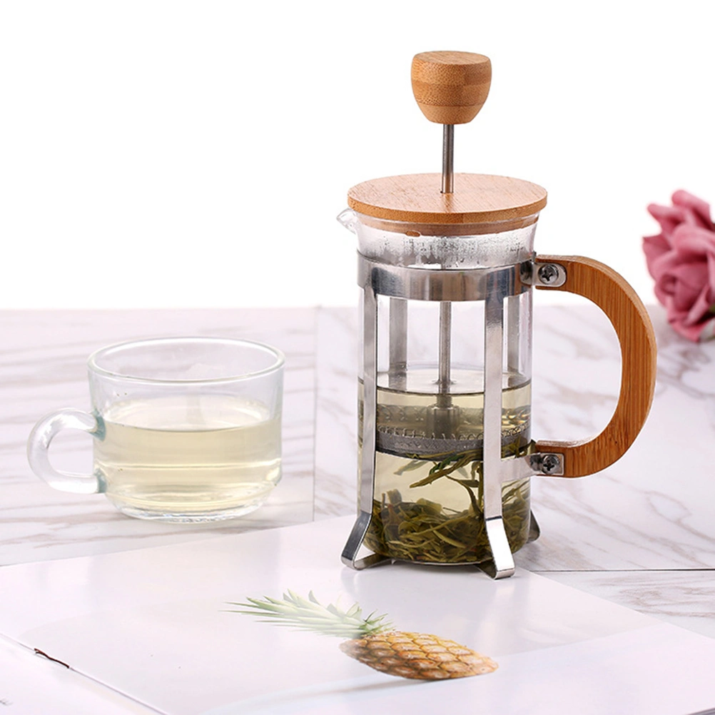 Stainless Steel Pressure Coffee Pot with Wooden Handle Lid High Borosilicate Heat Resistant Low Temperature Glass Teapot (600ml)