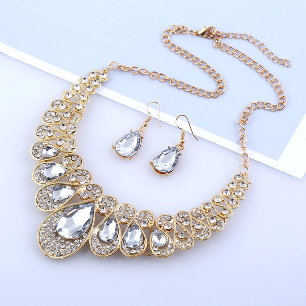 Women's Bohemia Style Elegant Luxury Bib Chain Necklace Earrings Jewelry Set (White)