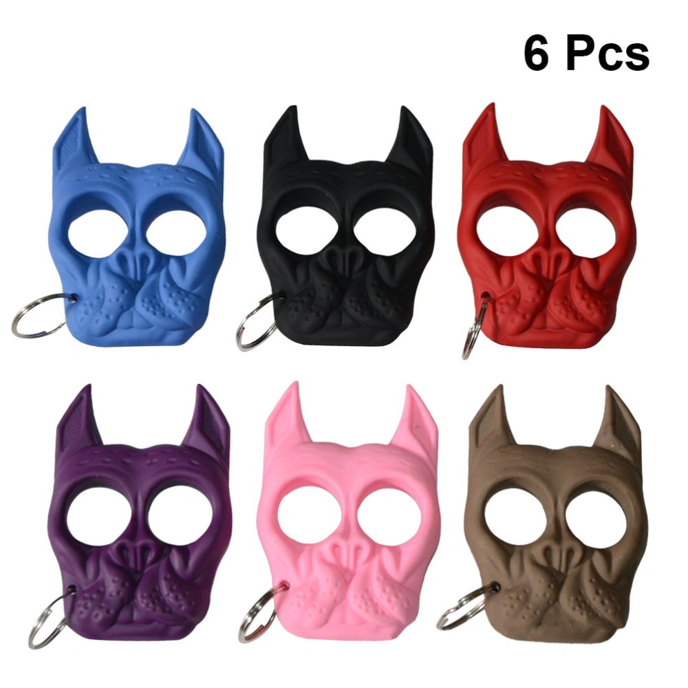 6Pcs Plastic Steel Key Ring Dog Head Shape Knuckles Mini-Defensive Key Chain (Black + Red + Blue + Pink + Purple + Brown)