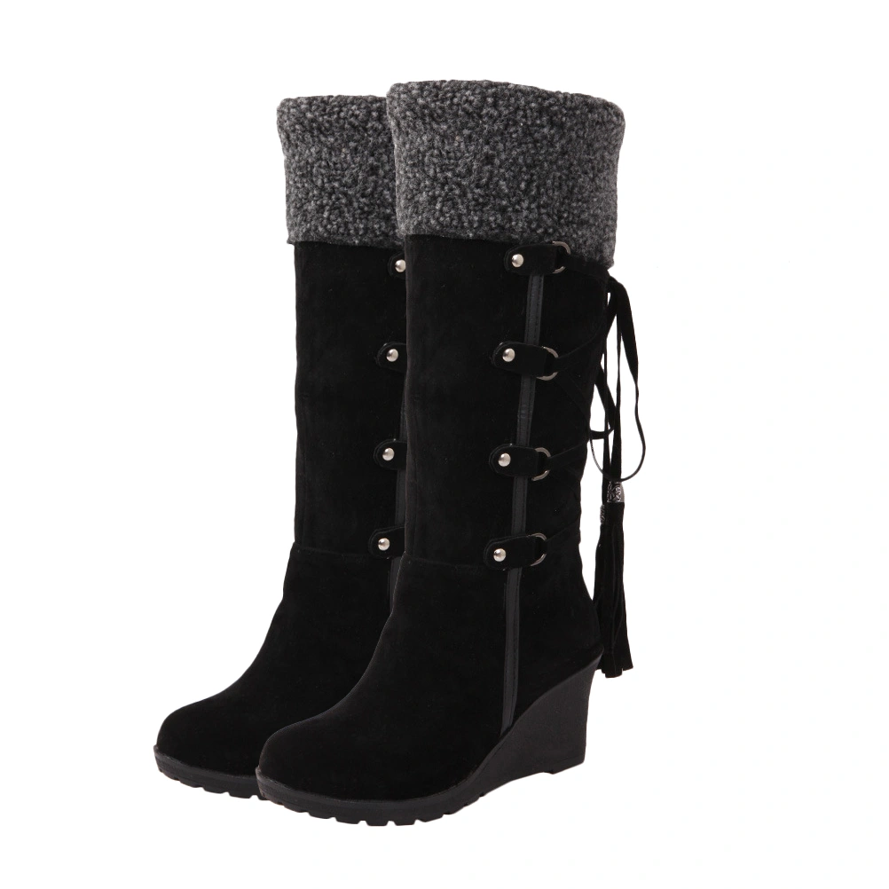 Women High Boots Fashion Slipsole High Boots Girl Tassel Boots Winter Snow Boots (Black Size 38)