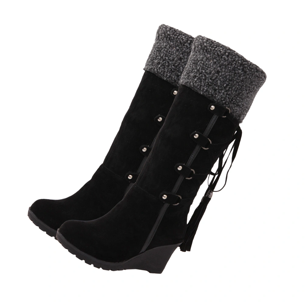 Women High Boots Fashion Slipsole High Boots Girl Tassel Boots Winter Snow Boots (Black Size 38)
