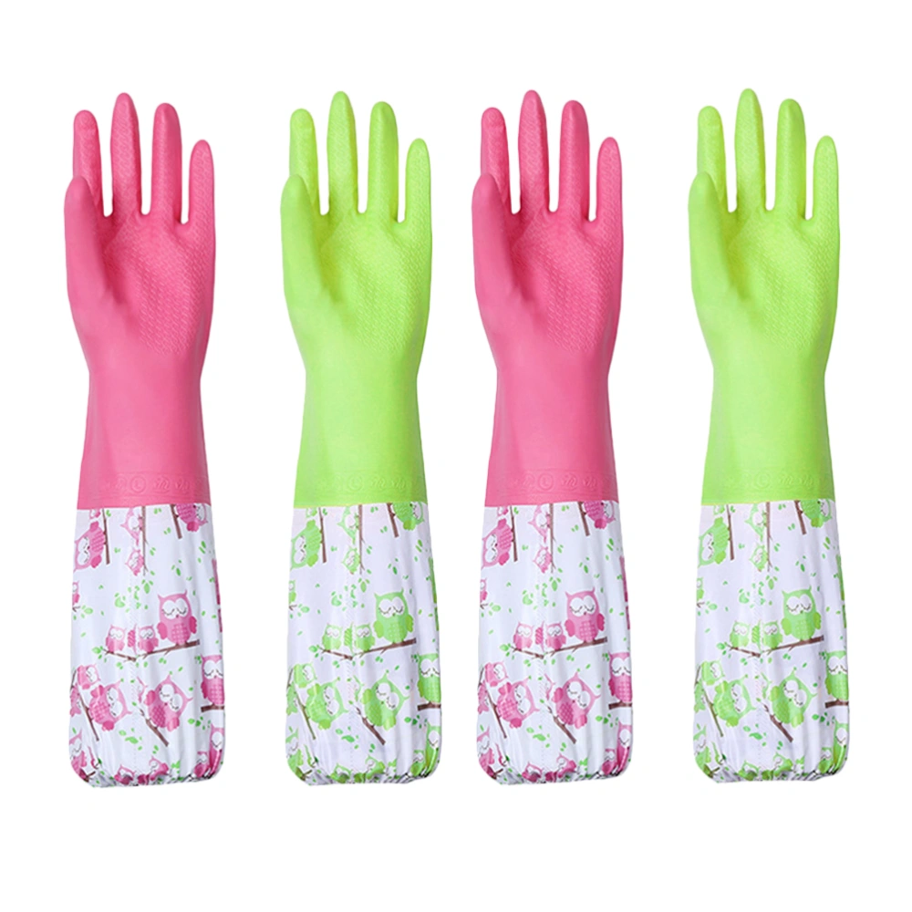 2 Pair Waterproof Kitchen Gloves Drawstring Rubber Gloves Household Gloves Lengthened Dishwashing Gloves for Home Use (Random Color Owl Printing Style)