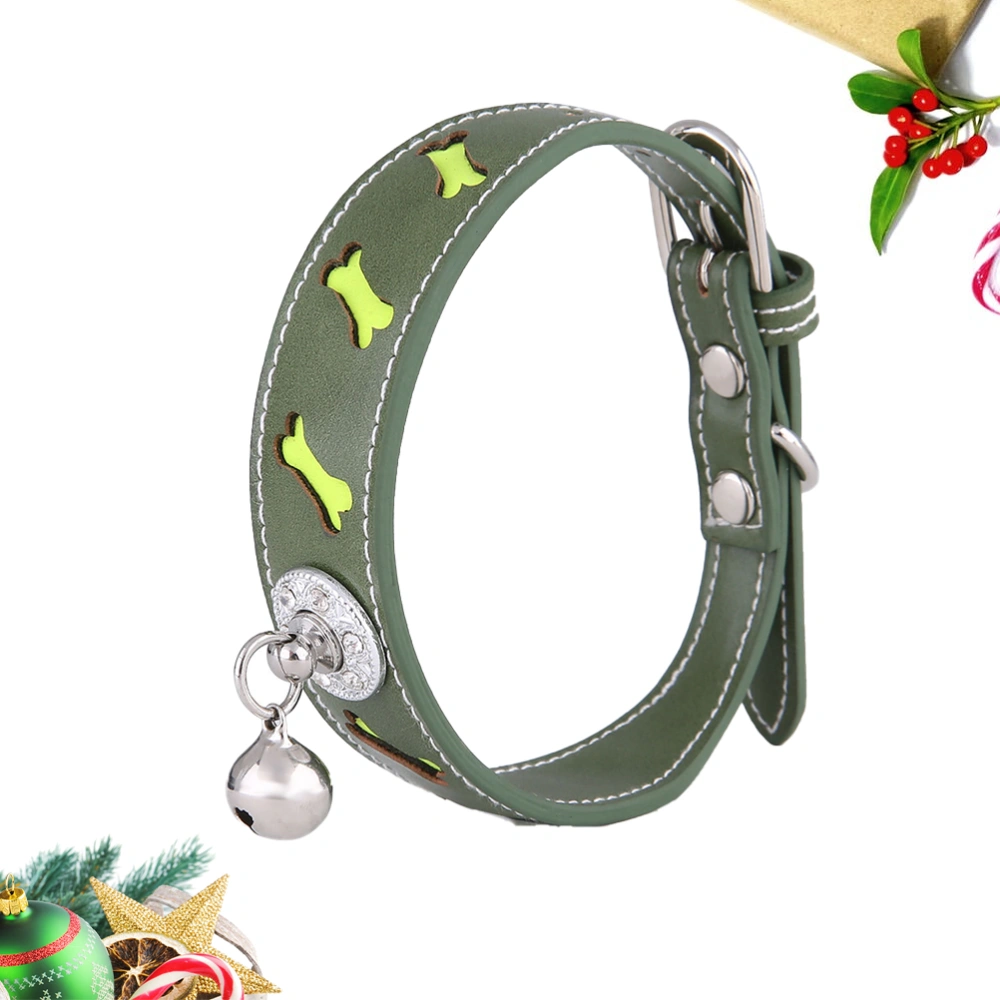 1pc Bone Shape Pet Collar Adjustable PU Leather Reflective Collar Creative Bell Decor Necklace for Pet Cat Dog(Green)