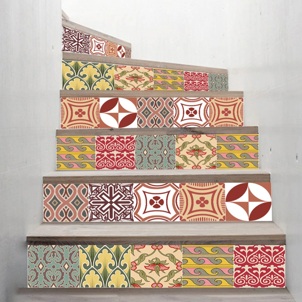 6pcs Classical Tiles Stairs Sticker Self-adhesive Waterproof Staircase Wallpaper for Home Corridor Decor DIY Stair (Watermelon Red)