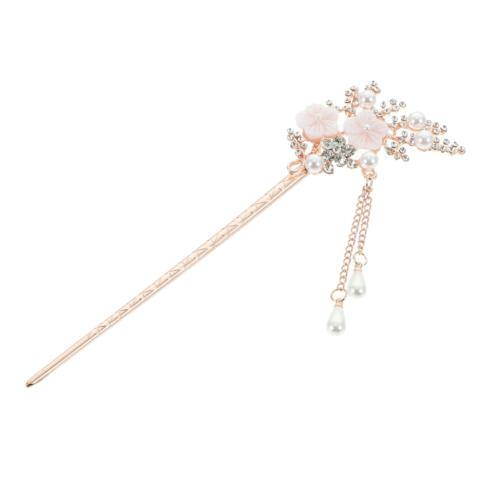 Flower Elegant Hairpin National Style Fashion Rhinetone Hair Stick Pearl Alloy Hair Chopsticks with Crystal and Tassels for Women Girls (White)