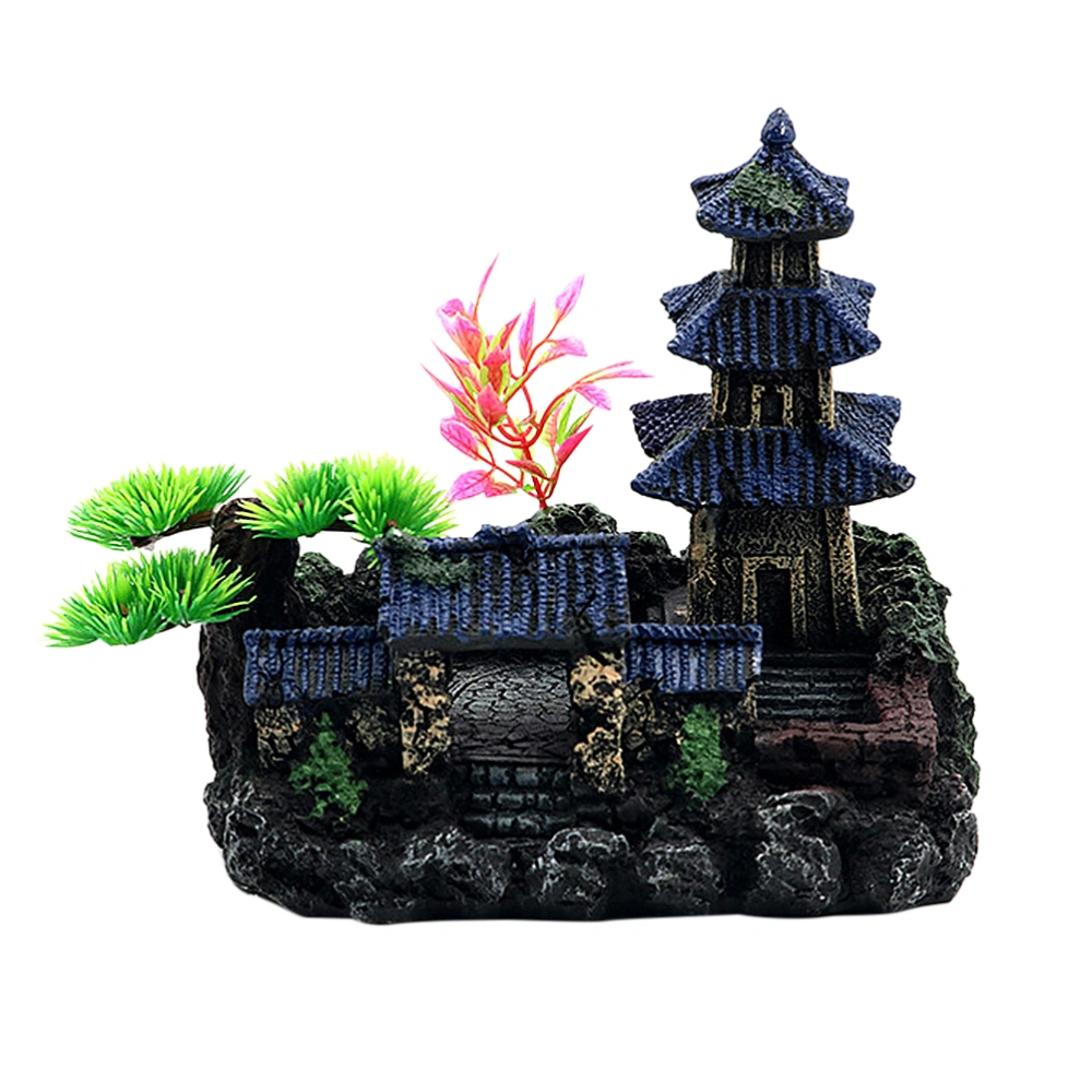 1pc Fish Tank Landscaping Pagoda Landscaping Fish Shrimp Shelter Resin Craft Aquarium Setting Set (Blue)