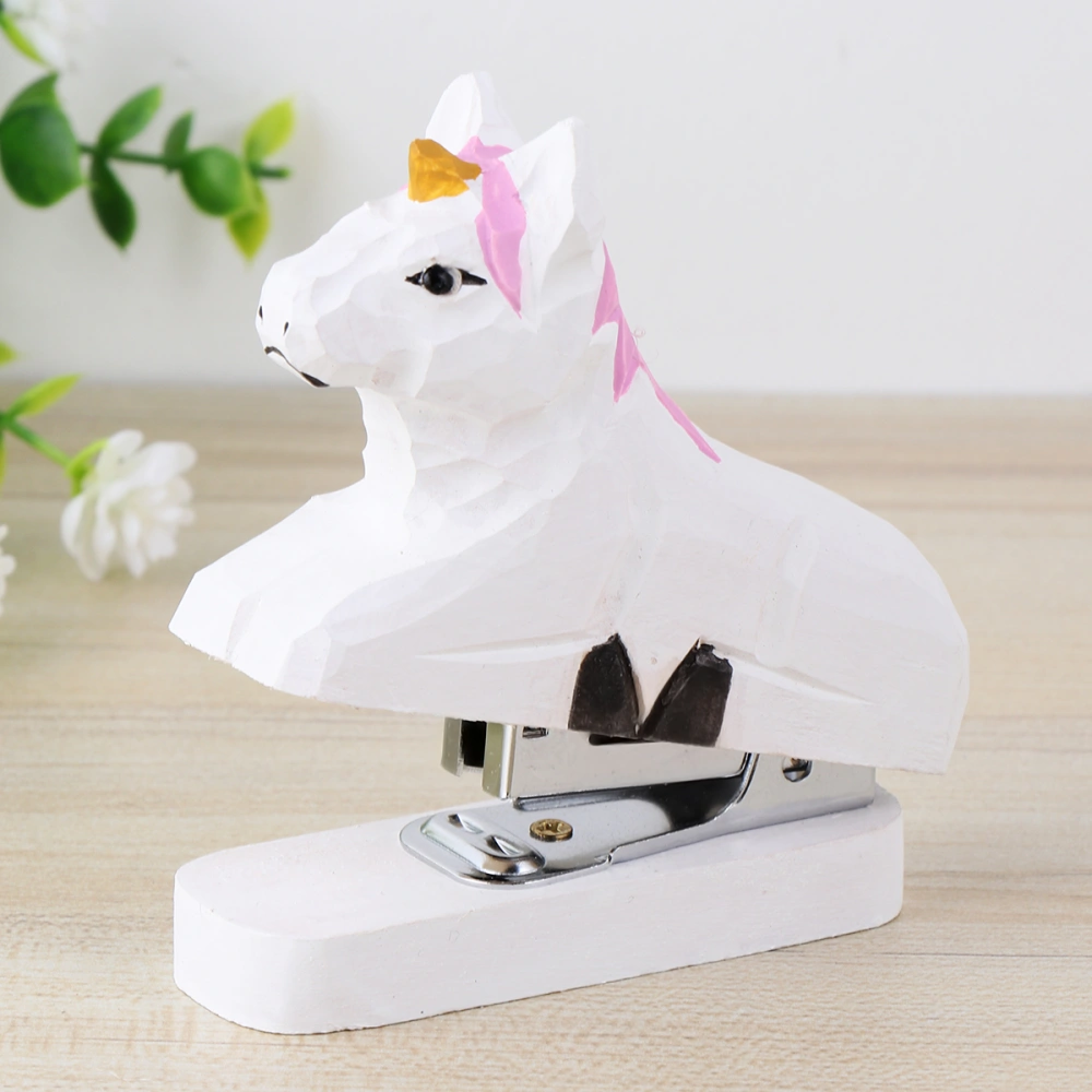 Unicorn Shape Portable Stapler Wooden Creative Book Sewer Manual Stapling Machine Student Stationery for School Students Random Nose Style