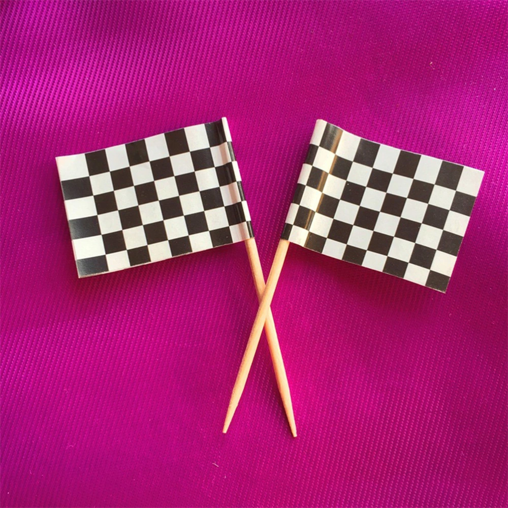 200Pcs Birthday Cake Toppers Checkered Racing Flags Decorative Cupcake Picks Dessert Cake Decoration Topper for Wedding Party(Black and White)