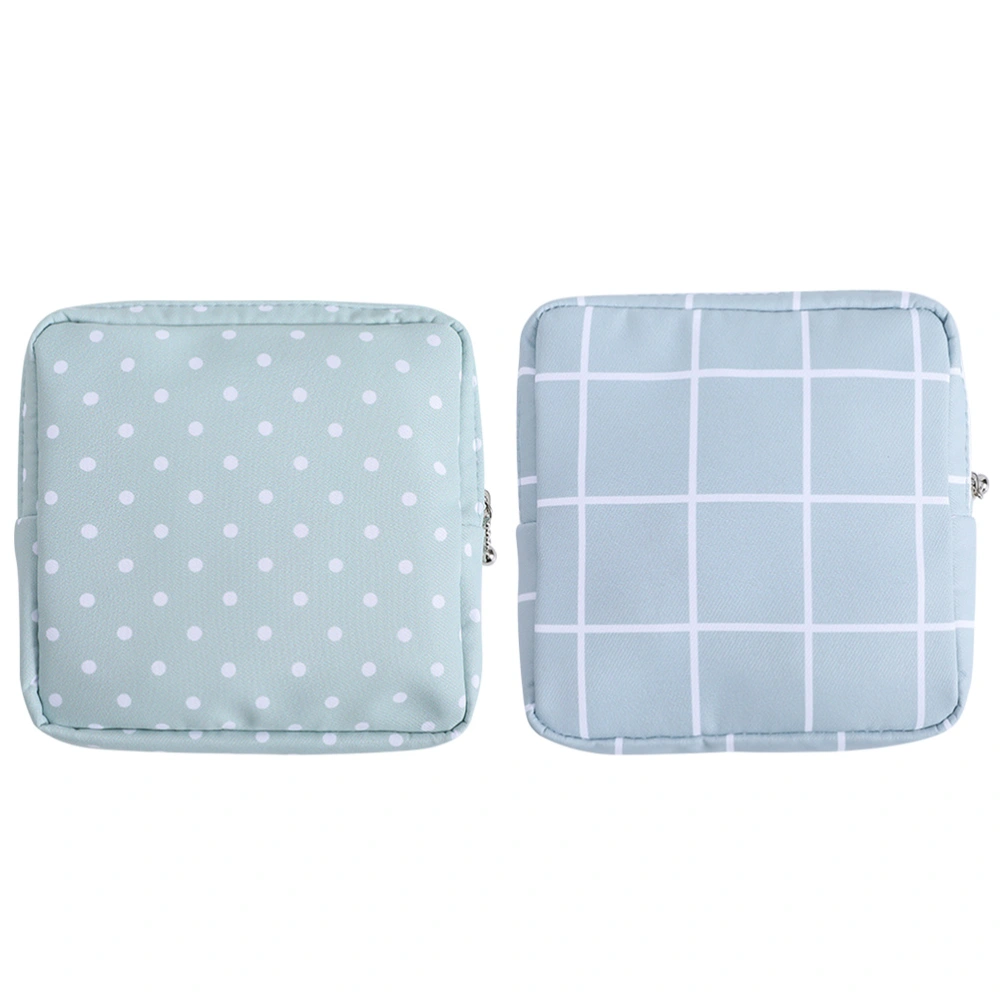 2 Pcs Portable Sanitary Towel Storage Bag Coin Storage Pouch Zippered Type Wallet Large Capacity Purse for Outdoor Travel Office -Green Dots and Blue Plaids