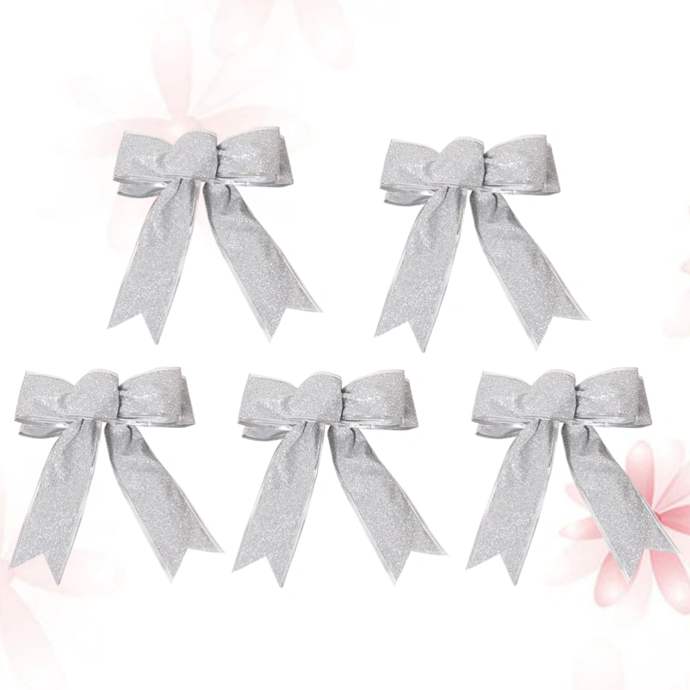 5pcs/Pack Glittering Fabric Christmas Ribbon Bow Gift Knot Ribbon Ornaments for Christmas Tree Presents Decoration(Silver)