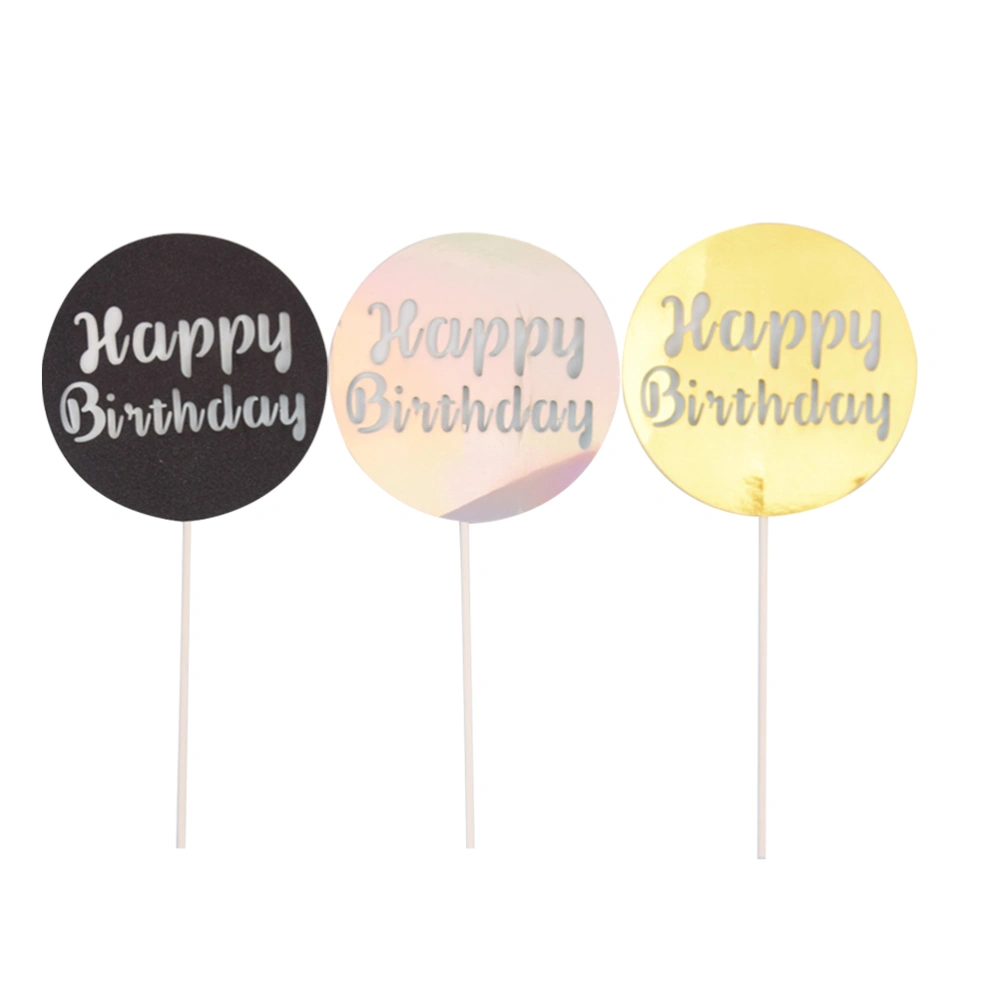 9PCS Round Shape Birthday Cake Toppers Birthday Cake Dessert Decor Printed Cake Plug Cards Delicate Baking Party Dessert Table Cake Pick for Home Banquet Golden+Silver+Black