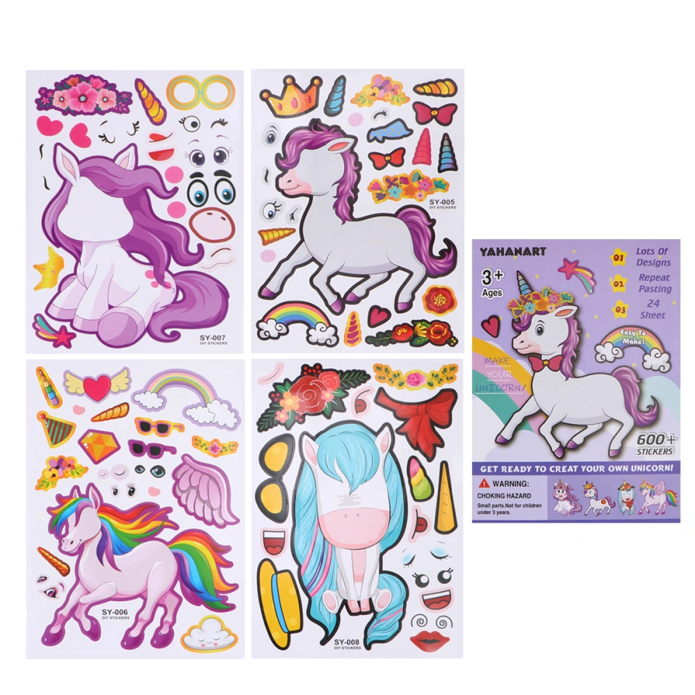 25 Sheets Unicorn Theme Make Your Own Decal DIY Mix and Match Sticker Kids Party Favor Game Supplies Fun Craft Project(1 Sheet Cover Description, 4 Pattern, 6 Sheets For Each Pattern)