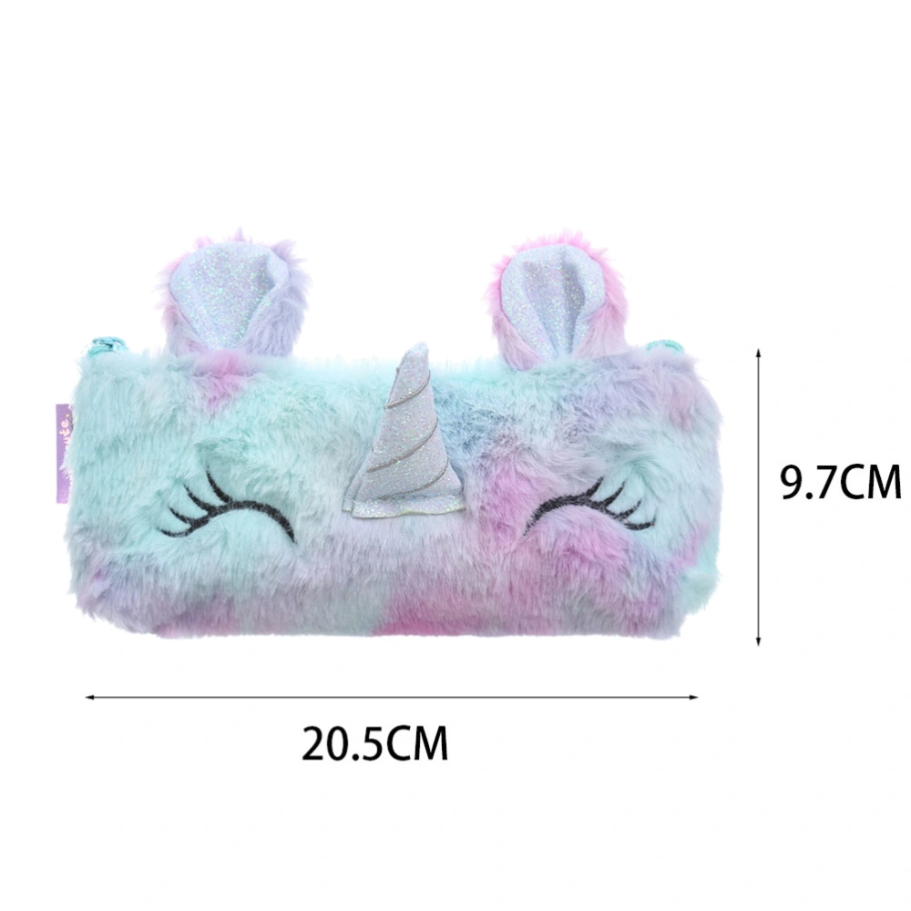 Plush Pencil Bag Cartoon Unicorn Design Pencil Bag Fashion Style Pen Holder School Stationery for Students (Light Blue)