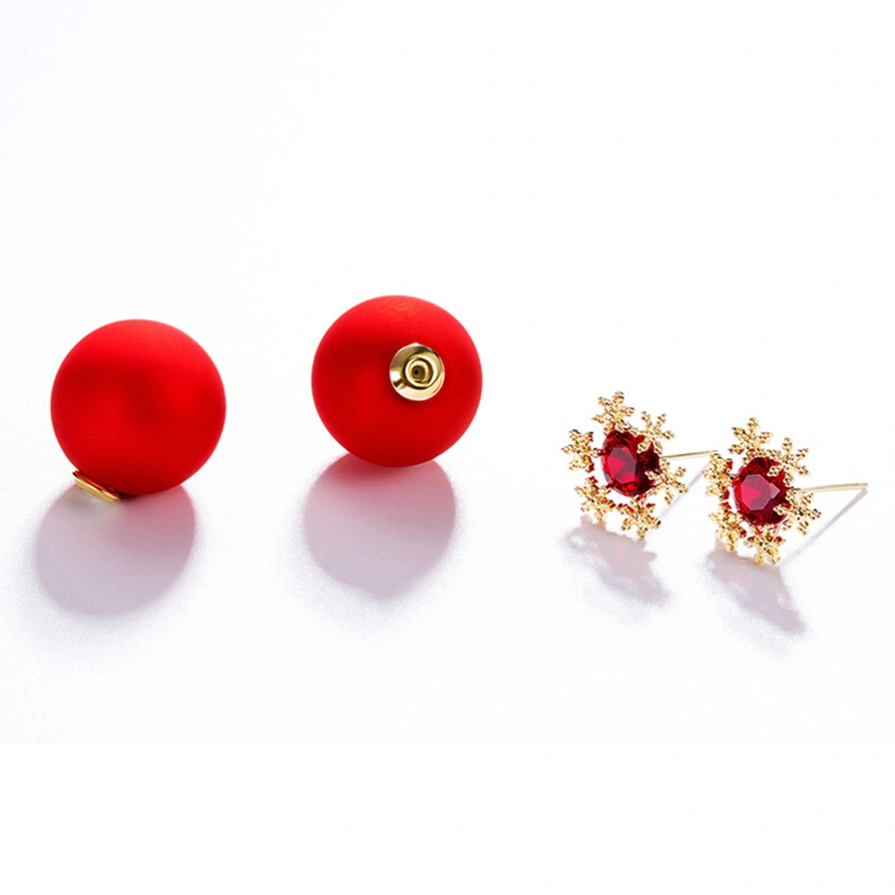 1Pair Women Personality Diamante Snowflower Red Balls Earrings Ear Studs for Wedding Engagment Gifts (Red)