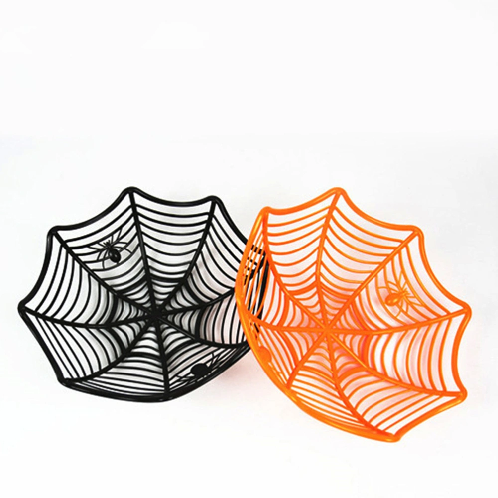 2pcs Halloween Candies Dish Metal Plastic Spider Web Storage Basket for Party Festival Gathering (Black and Orange)