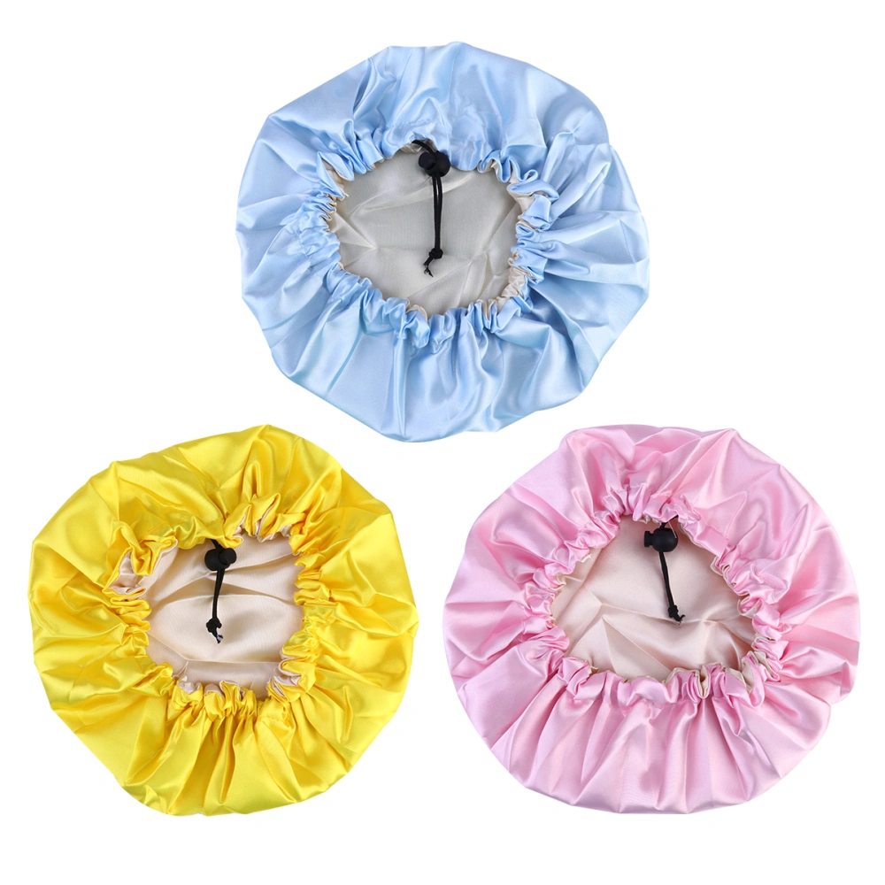 3pcs Elastic Nightcaps Silk Sleep Caps Adjustable Drawstring Sleeping Hats for Children (Yellow, Sky Blue, Pink, Each 1pc)