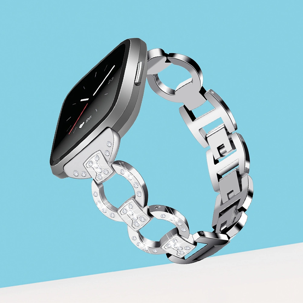 Stainless Steel Strap for Fitbit Versa Watch Band Bling Chain Rhinestone Diamonds Wristbands Bracelet for Fitbit Versa (Silver)