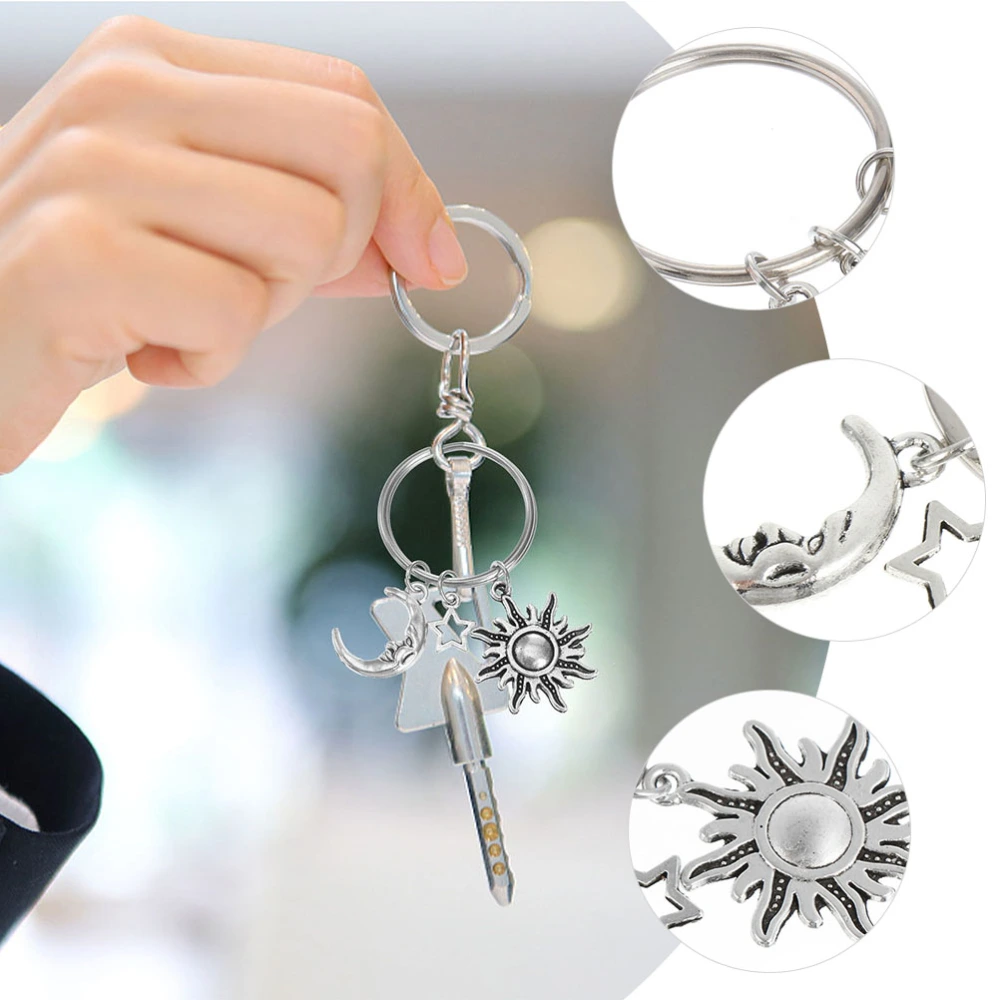 2Pcs Stainless Steel Sun Star Moon Keychains Decorative Key Chains Key Ring Silver