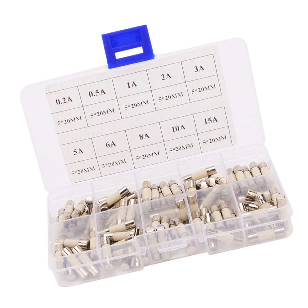 100Pcs 20mm  0.5A-15A Fuses Quick Blow Car Ceramics Tube Fuses Assorted Kit