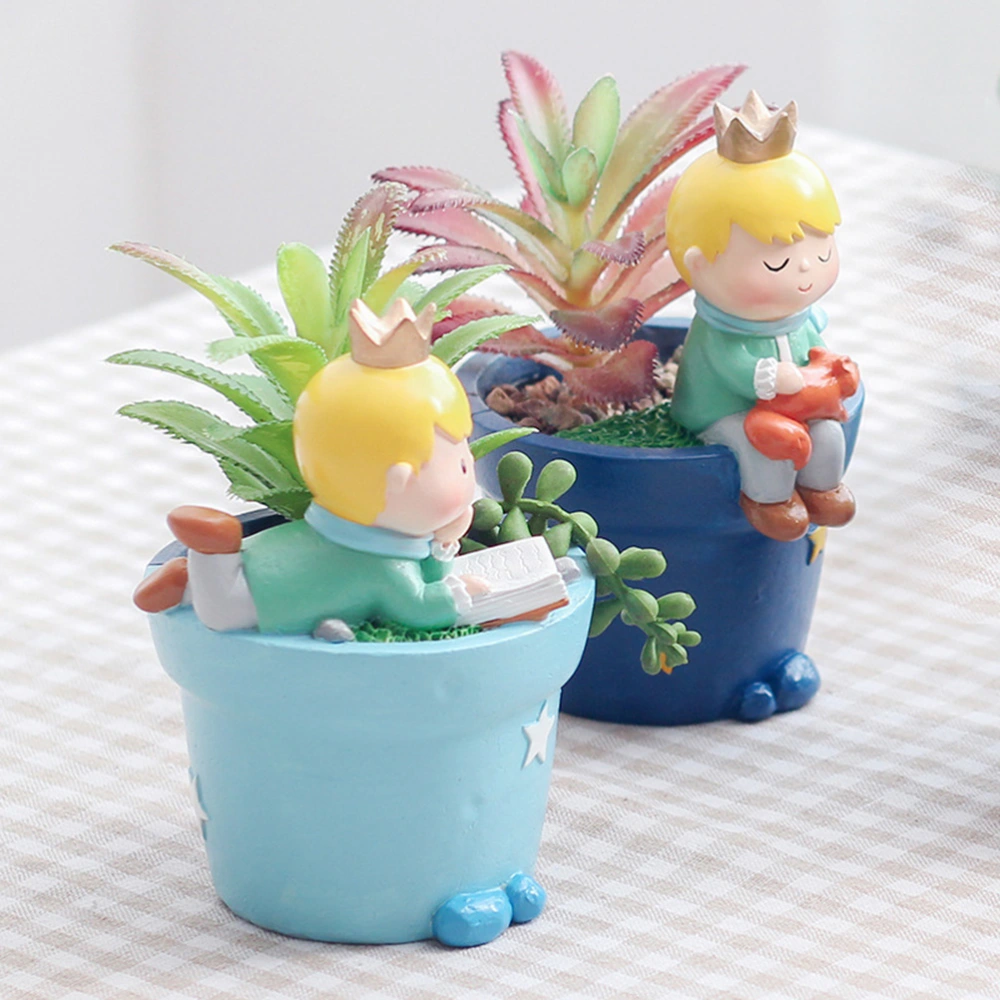 1PC Cartoon Little Prince Flowerpot Decor Resin Succulent Flowerpot Craftwork Microlandscape Resin Flowerpot Ornament Creative Household Flowerpot Adornments for Home Office Store Balcony Read Book Style