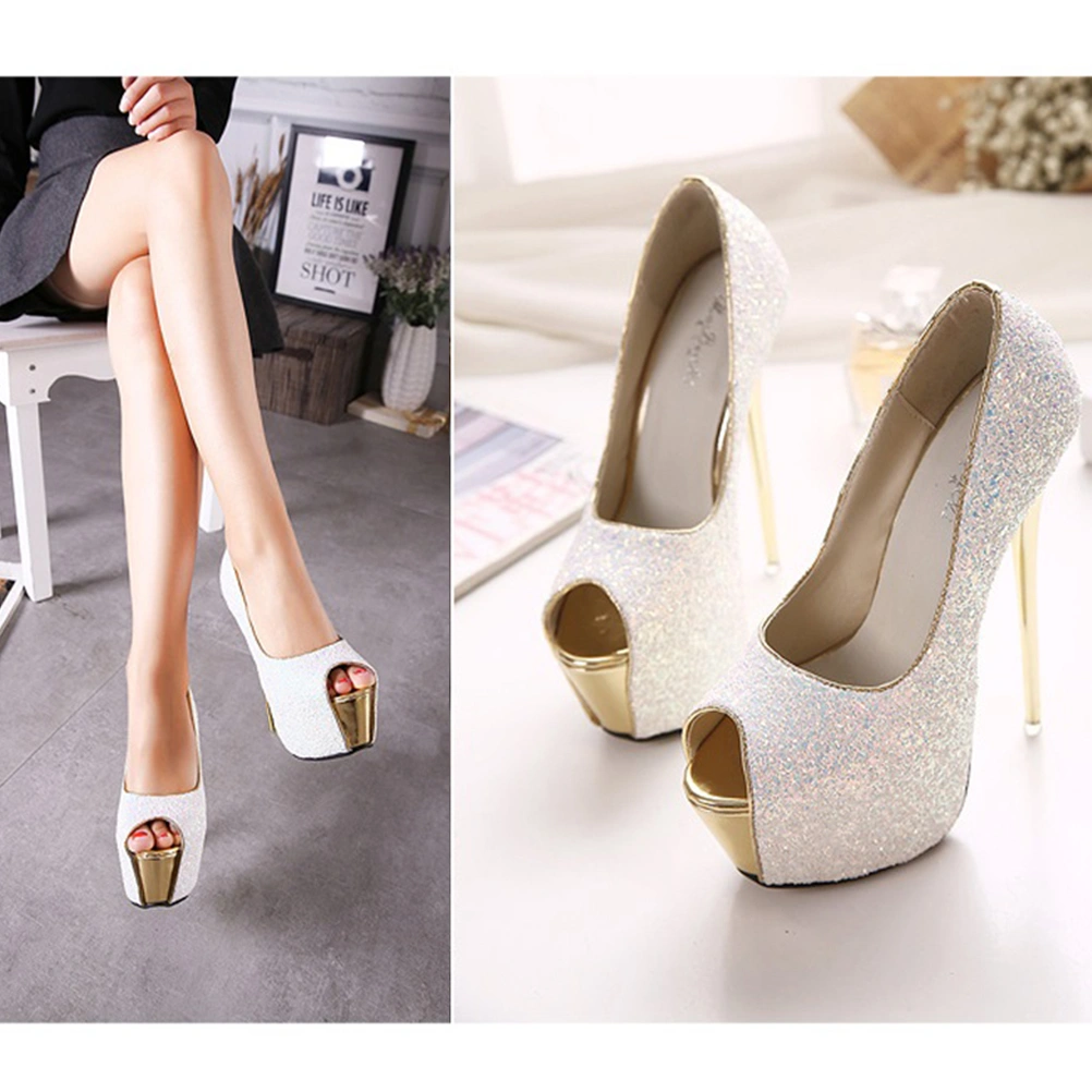 1 Pair of Thin Heels Shoes Open-Toed High Heels Sequined Platform Stiletto for Women Lady White - Size 38 EU38,US7,UK4.5