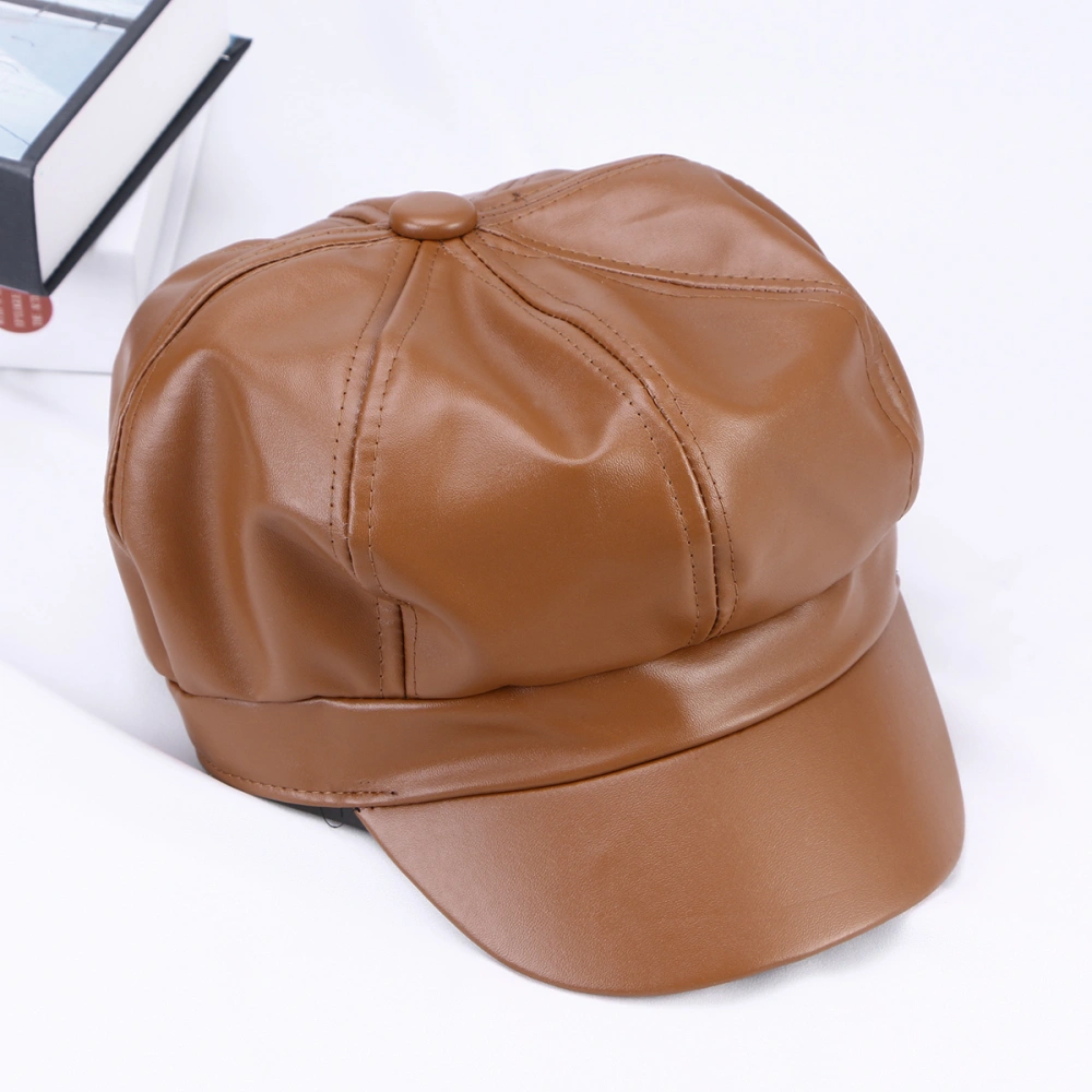 Fashion Winter Ladies PU Artifical Leather Retro Beret Octagonal Artists Painters Peaked Cabbie Unisex (Brown)