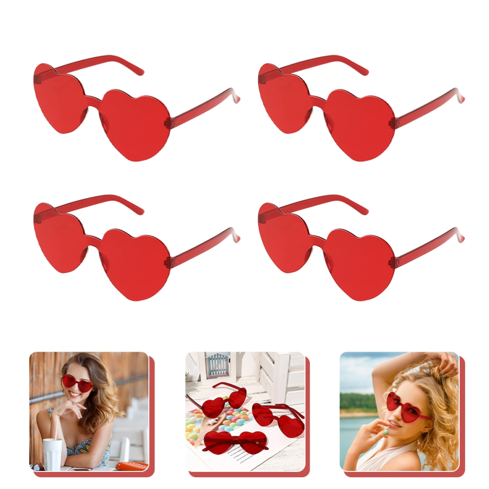 4Pcs Rimless Sunglasses Heart Shaped Glasses Fashion Accessory for Beach Shopping Travel