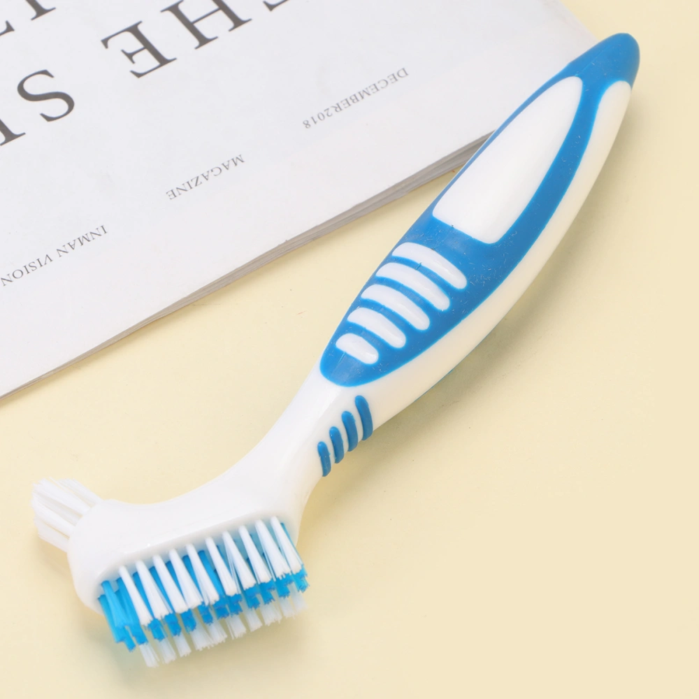 1Pc Portable Dentures Toothbrush Non-slip Design Denture Cleaning Brush Double Brush Head False Teeth Cleaning Brush with Silicone Handle Oral Care Tool (Blue)