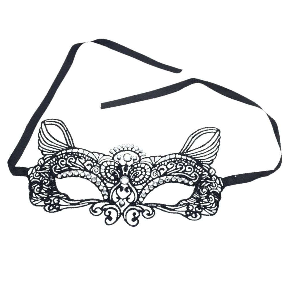 Women's Classic Masquerade Lace Eye Mask Elf Half Face Mask With Diamond for Halloween Party(Black)