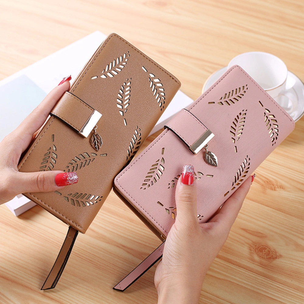 Women Buckle Clutch Wallet Hollow Leaves Long Leather Purse Elegant Clutch Wallet for Cash Holding (Apricot)