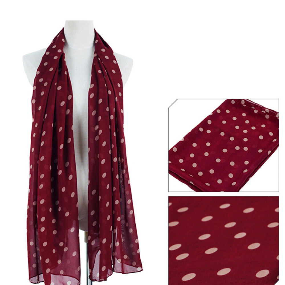 Stylish Polka Dots Chiffon Scarf Sunscreen Long Scarves Sun Block Shawl Wraps For Women Girls 150 x 48 cm (Dark Red Scarf, Beige Dots)