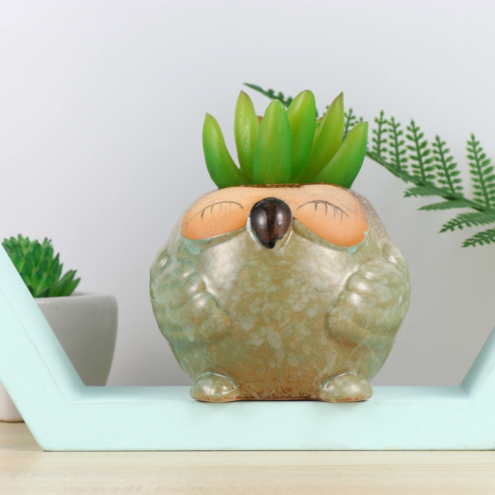 2pcs Lovely Owl Shaped Flowerpot Mini Ceramic Succulent Plants Potted Planters for Garden Home (Green)