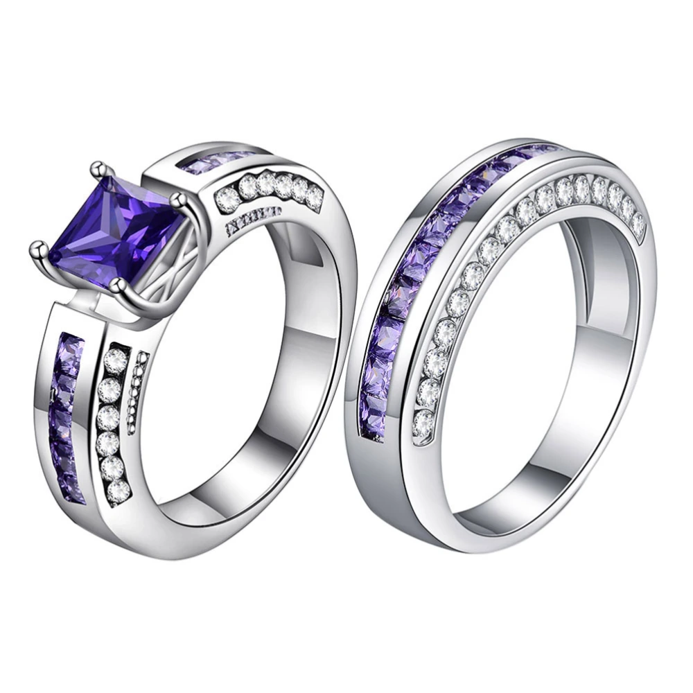 Two Pieces Fashion Women Rings Zircon Embedded Promise Finger Ring Wedding Band Jewelry Gift (Purple, 10#)