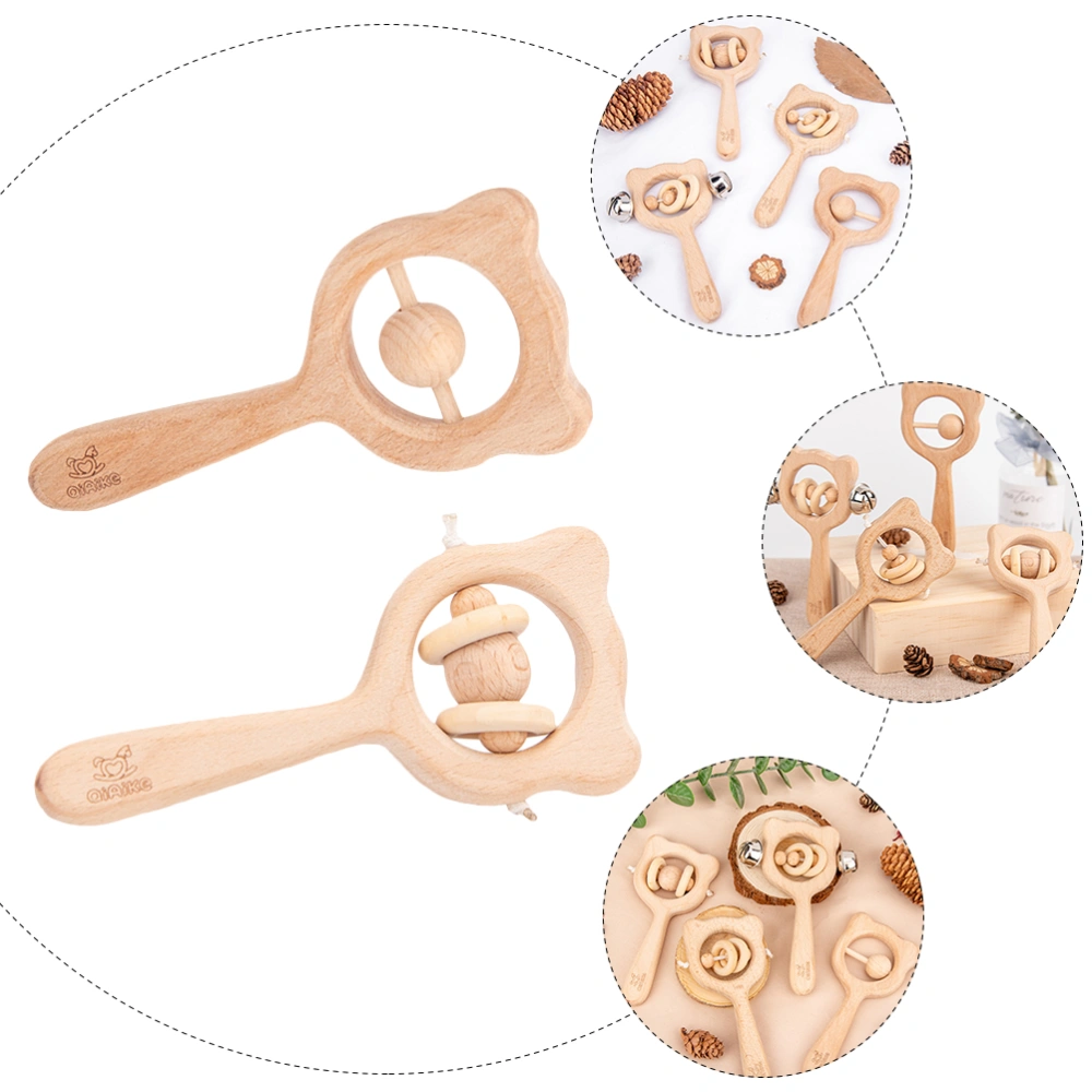 2pcs Funny Baby Grab Handbell Toy Wood Infant Rattle Playthings (Beige)